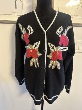 Vintage Joyce Cardigan Sweater ButtonUp Sz. Large Big Flowers Black White Retro